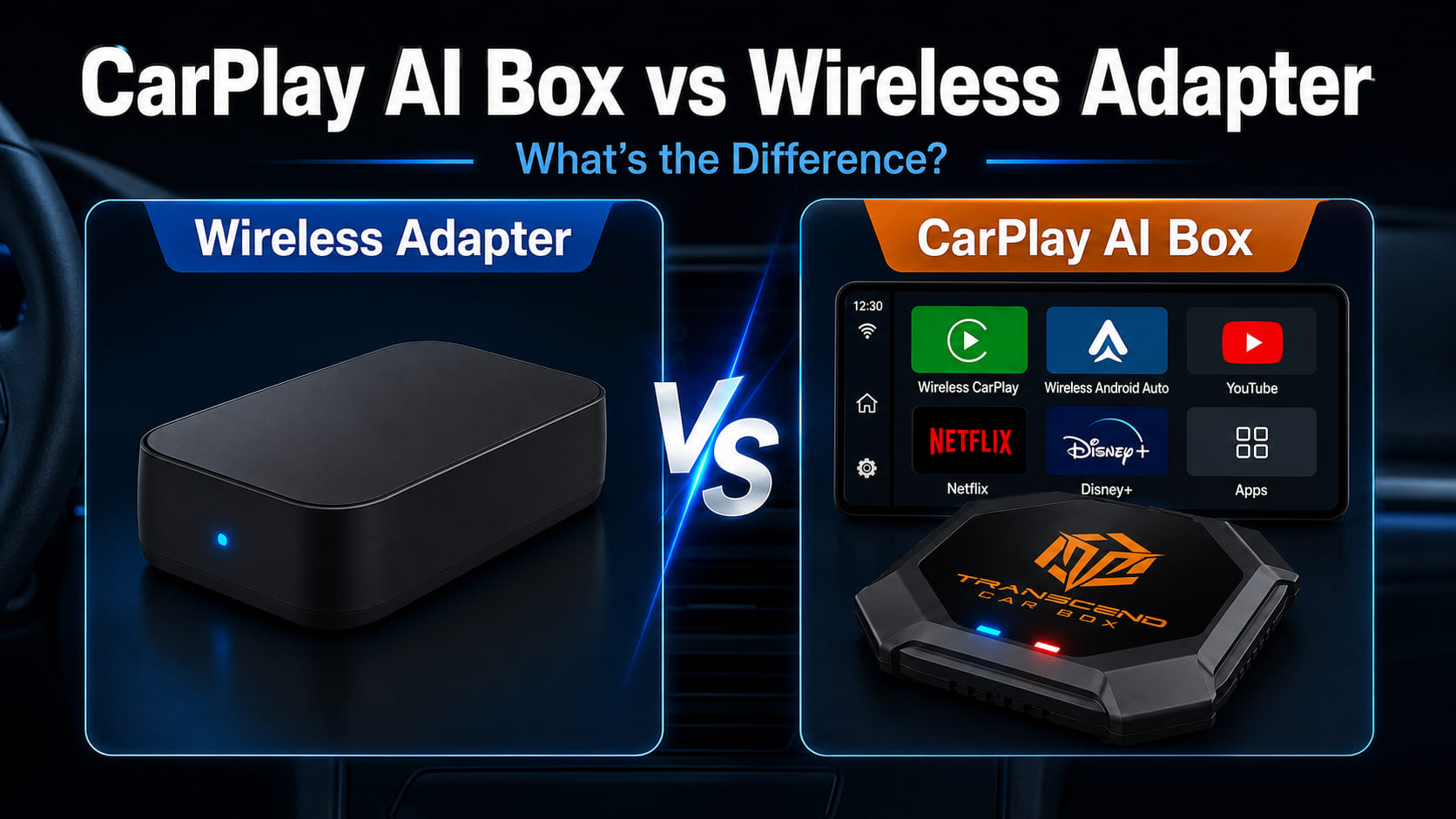 CarPlay AI Box vs wireless CarPlay adapter comparison with Transcend Car Box