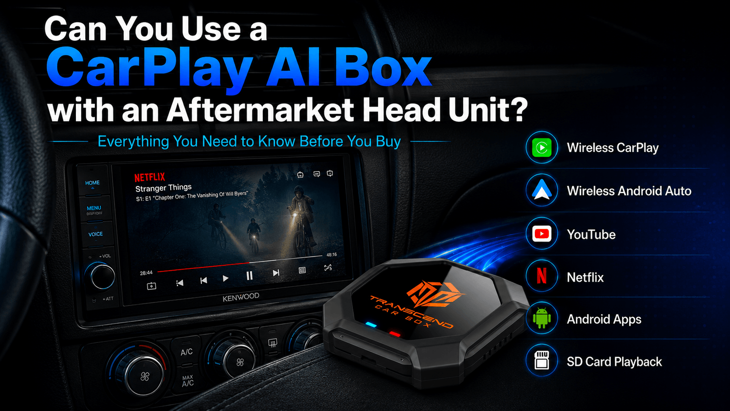 CarPlay AI Box with Kenwood aftermarket head unit playing Netflix on car screen